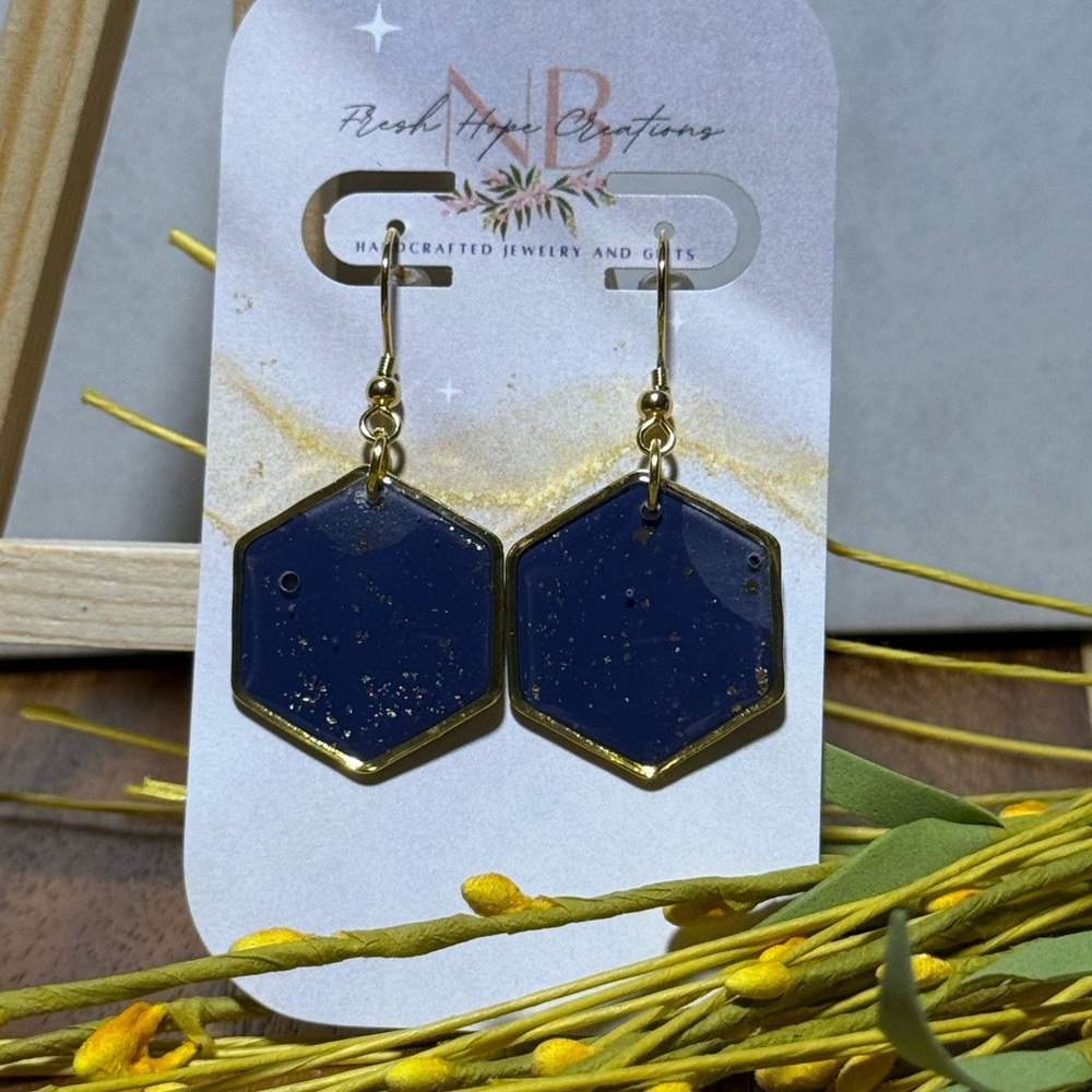Hexagon Blue and Gold Earrings